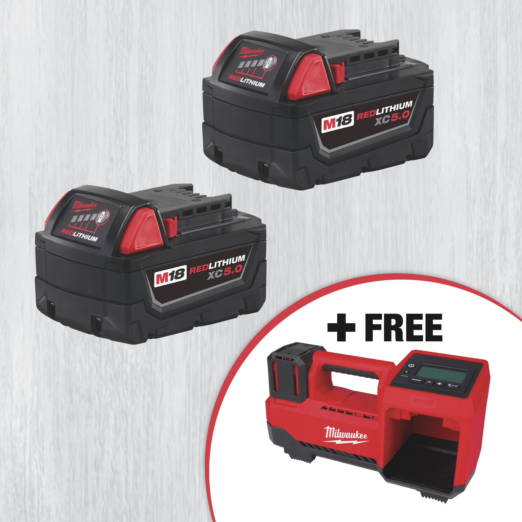 SPECIAL BUY! Milwaukee M18 XC5.0 Battery 2-Pack with FREE M18 18V Cordless Tire Inflator